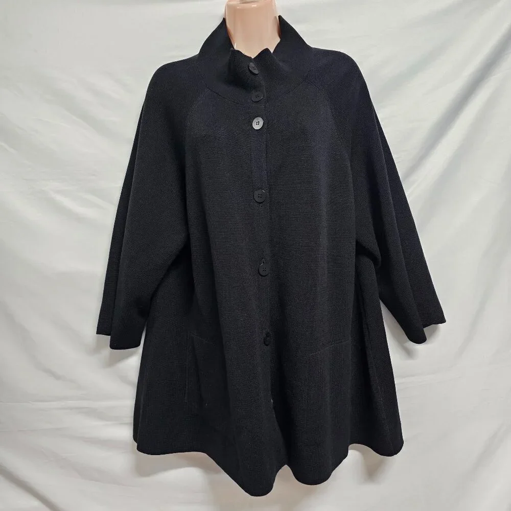 Eileen Fisher Button Up Mock Neck Kimono Jacket Women Size L Black Silk/Cotton